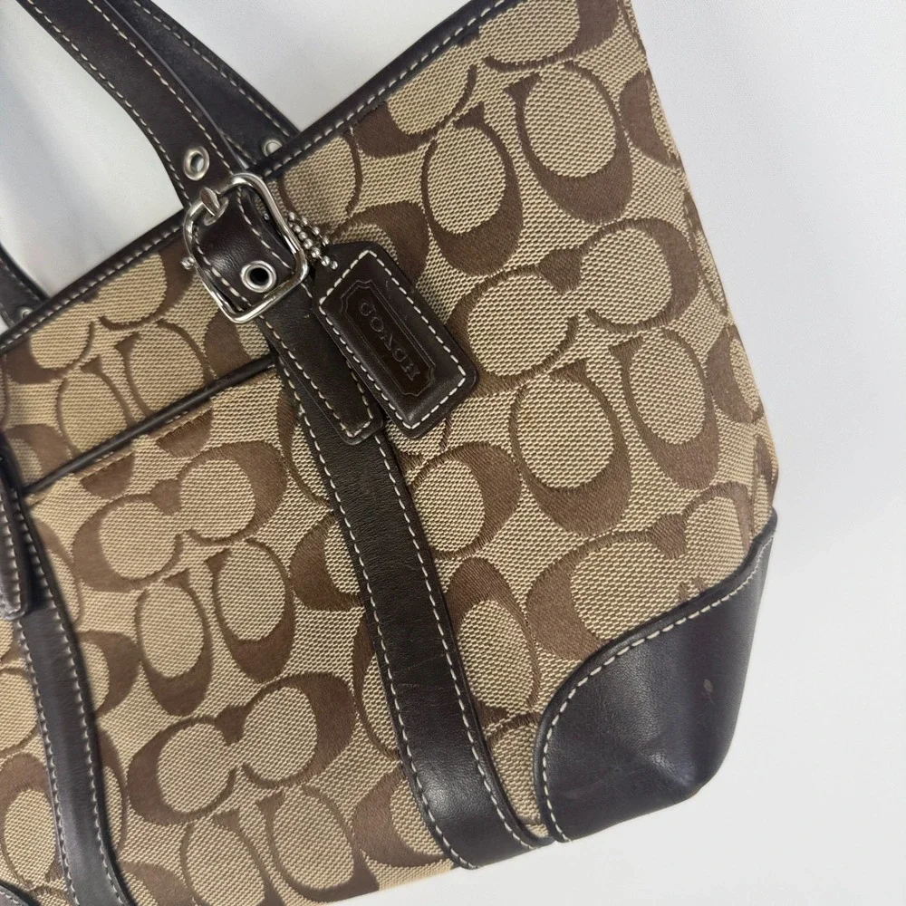 Coach Signature Small Tote Women Small 6043 Brown Khaki Jacquard Leather Bag